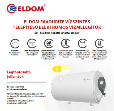 ELDOM Favourite 80 HL vízszintes elektromos vízmelegítő (2 kW - Ø 462 mm - 80 liter - balos)
