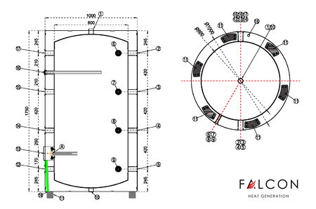 FALCON HPBe 800 INOX hűtési és fűtési puffer tartály hőszivattyúhoz (801 liter / 3 kW)