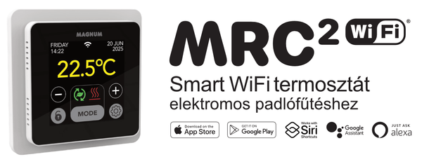 MAGNUM MRC-2 Smart WiFi érintőképernyős termosztát szoba- és padlóhőmérséklet érzékelővel elektromos padlófűtéshez (16A / fekete)