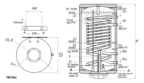 Sunsystem BB V/S2 L 150 fali álló indirekt HMV tartály 2 párhuzamos hőcserélővel (balos / 150 liter / 3 kW)