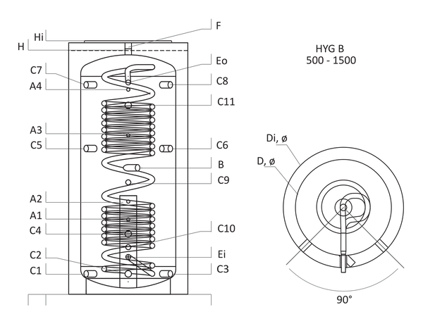 Sunsystem HYG B 800 fűtési puffer tartály 1 db inox HMV hőcserélővel (780 liter)