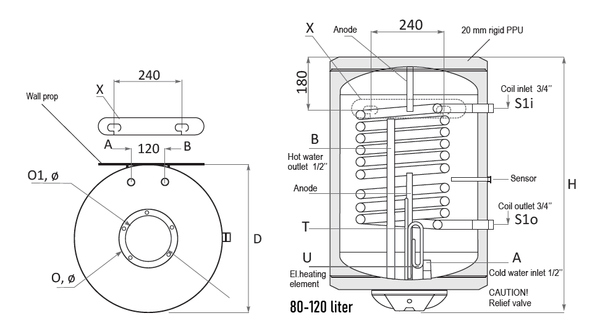 Sunsystem MB V/S1 L 120 fali álló indirekt HMV tartály 1 hőcserélővel (balos / 120 liter / 2 kW)