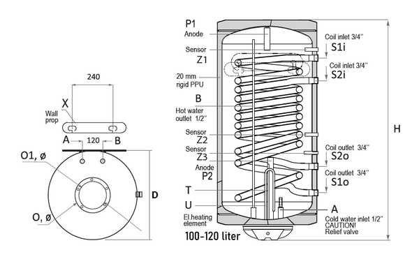 Sunsystem MB V/S2 L 120 fali álló indirekt HMV tartály 2 párhuzamos hőcserélővel (balos / 120 liter / 3 kW)