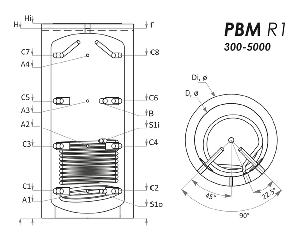 Sunsystem PBM R1 500 fűtési puffer tartály 1 db hőcserélővel - szigeteléssel, 90°-os csonkozással (481 liter)