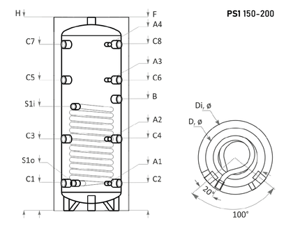 Sunsystem PS1 200 fűtési puffer tartály 1 db hőcserélővel, szigeteléssel (185 liter)