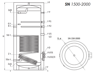 Sunsystem SN 1500 indirekt használati meleg víz tartály 1 hőcserélővel (1500 liter)