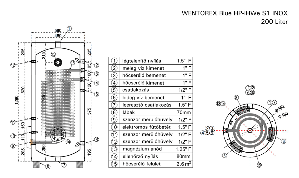 WENTOREX Blue HP-IHWe 200 S1 INOX indirekt használati meleg víz tartály 1 megnövelt hőcserélővel (200 liter / 3 kW)