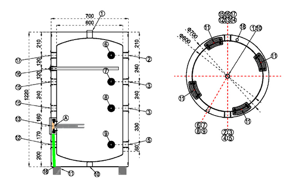 WENTOREX Red HP-IBe 300 INOX hűtési és fűtési puffer tartály hőszivattyúhoz (300 liter / 3 kW)