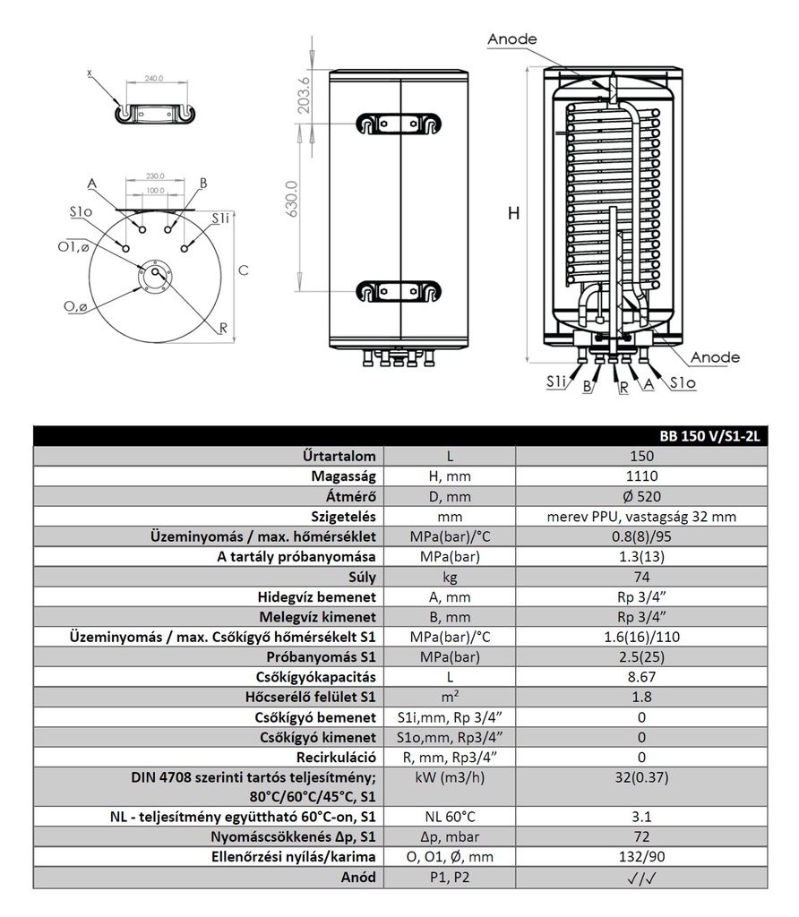 Sunsystem BB V/S1 2L 150 fali álló indirekt HMV tartály 1 ex 7