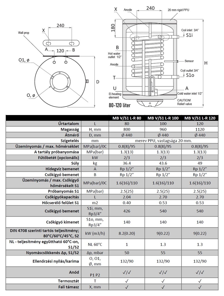 Sunsystem MB V/S1 L 80 fali álló indirekt HMV tartály 1 hőcs 8