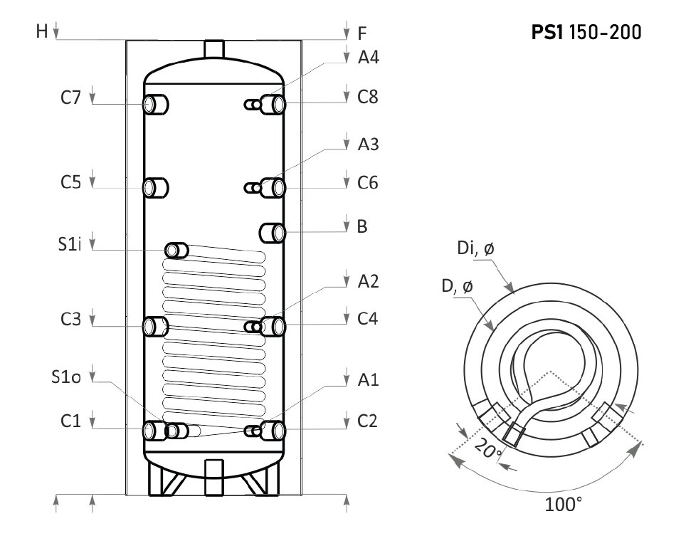 Sunsystem PS1 200 fűtési puffer tartály 1 db hőcserélővel, s 4