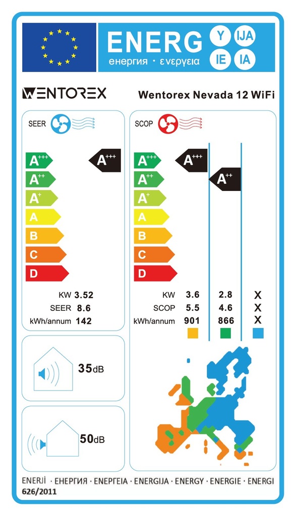 WENTOREX Nevada 12 WiFi oldalfali split hűtő-fűtő klíma, tar 9