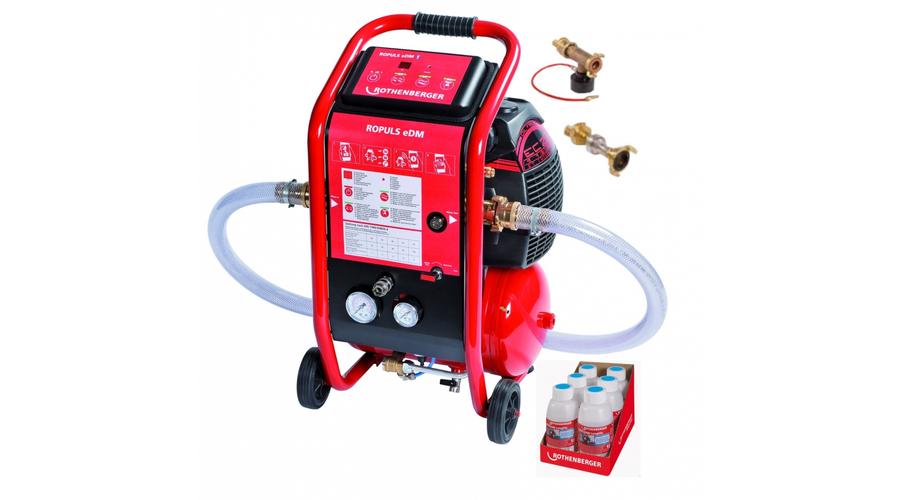 [1000002825] Rothenberger Ropuls EDM Mosókompresszor + injektor + 2 bar-os nyomáscsökkentő + 6 x1 l padlófűtés tisztító koncentrátum