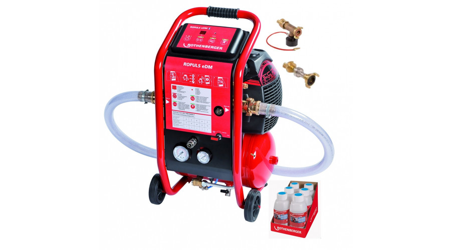 Rothenberger Ropuls EDM Mosókompresszor + injektor + 2 bar-os nyomáscsökkentő + 6 x1 l padlófűtés tisztító koncentrátum