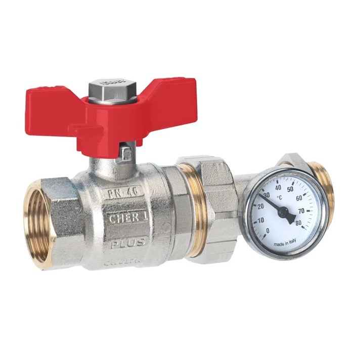 [7850470701001R] CherPlus gömbcsap hőmérővel pillangókaros 1" (piros)